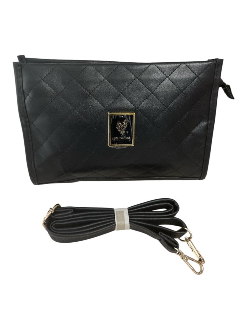 Younique Black Quilted Crossbody Clutch Purse Gold Tone Hardware